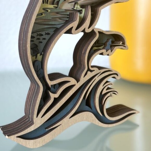 Breaching Dolphin and Calf Coastal Ocean Tropical Wooden Wood 3D Figure Diorama - Picture 3 of 6